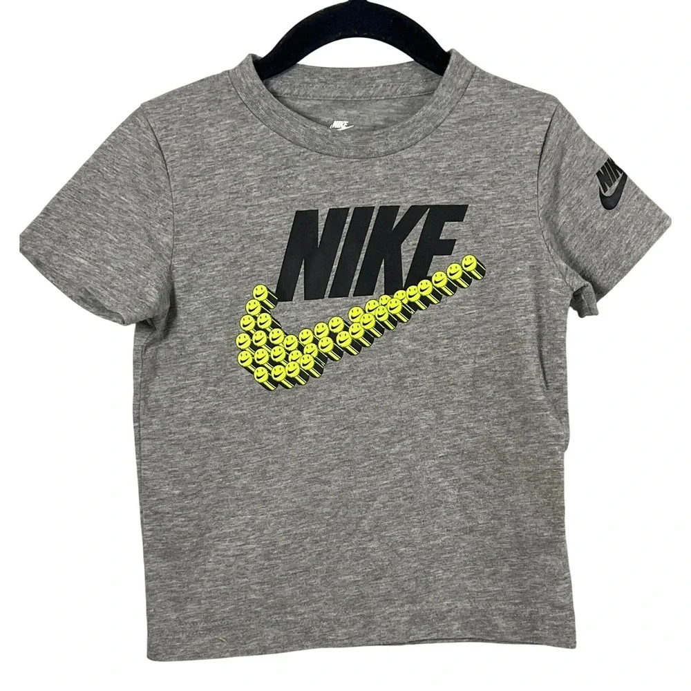 Nike Kids Gray Neon Green‎ Smily Face Swoosh Short Sleeve Sporty Shirt Boys 3T